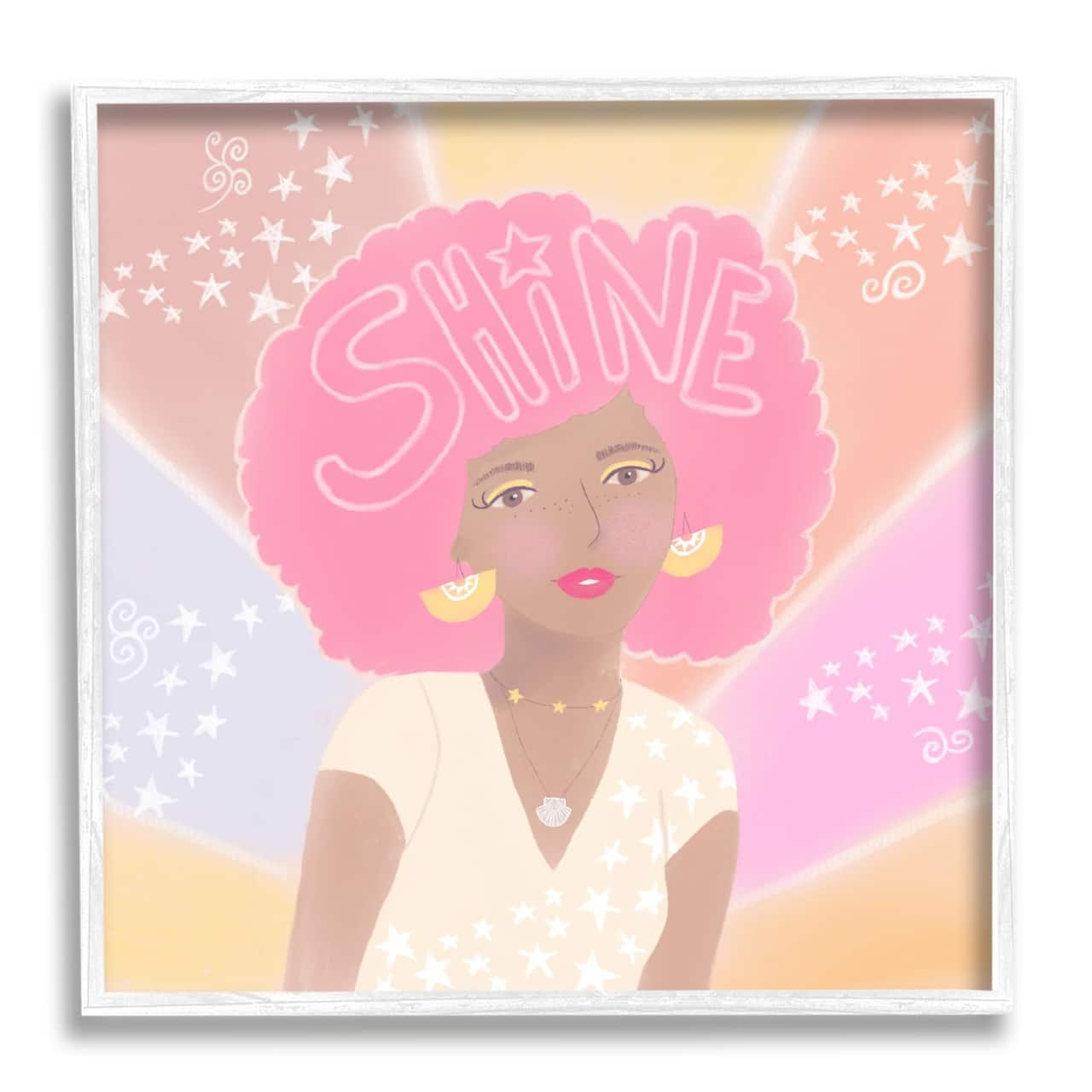 Stupell Industries Playful Shine Phrase Girl with Afro Rainbow Stars Framed Wall Art